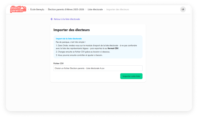 Écran d'import de la liste électorale depuis Onde